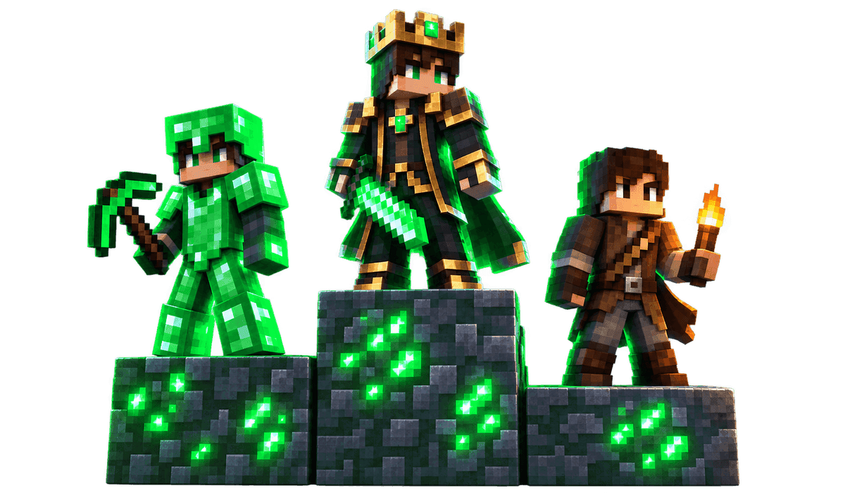 Three voxel champions on a stone podium, the crowned winner in the middle